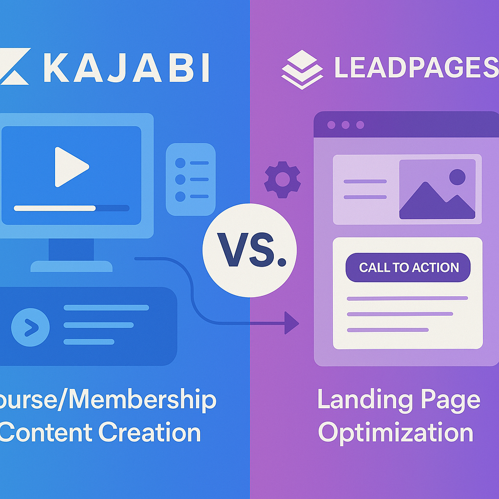 Split-screen visual comparing Kajabi for course creation and Leadpages for landing page optimization with a central sales funnel graphic, on a gradient background