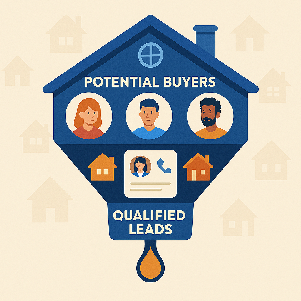 Funnel graphic shaped like a house showing potential buyers at the top and qualified leads exiting at the bottom, with real estate icons and warm colors.
